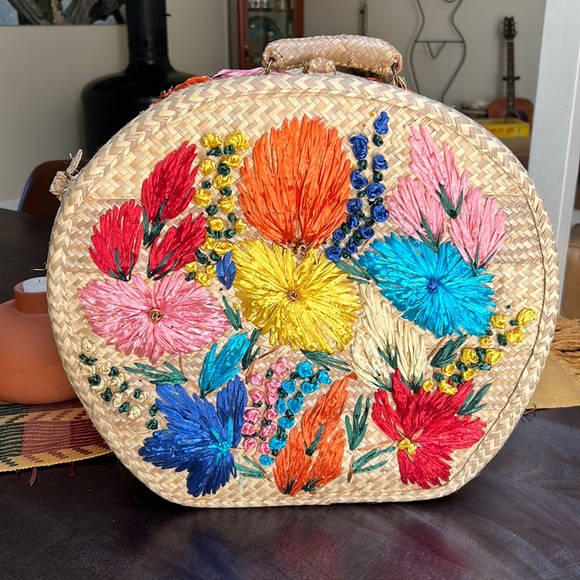Vintage Other - Vintage Embroidered Floral Straw Suitcase Hat Box